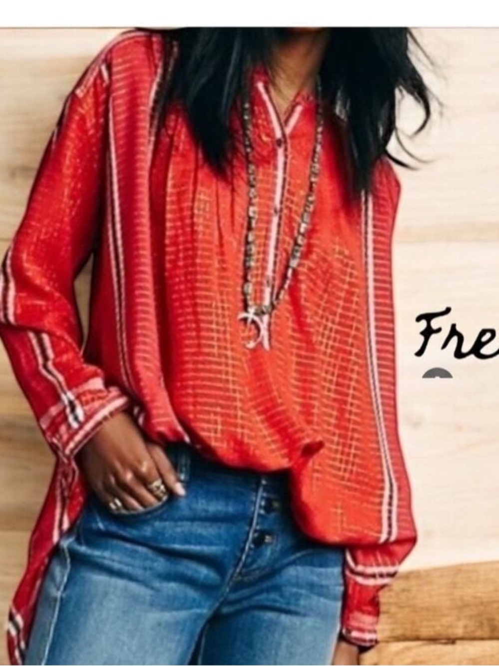 Free People Women’s Red Boho Stripe V-Neck Top